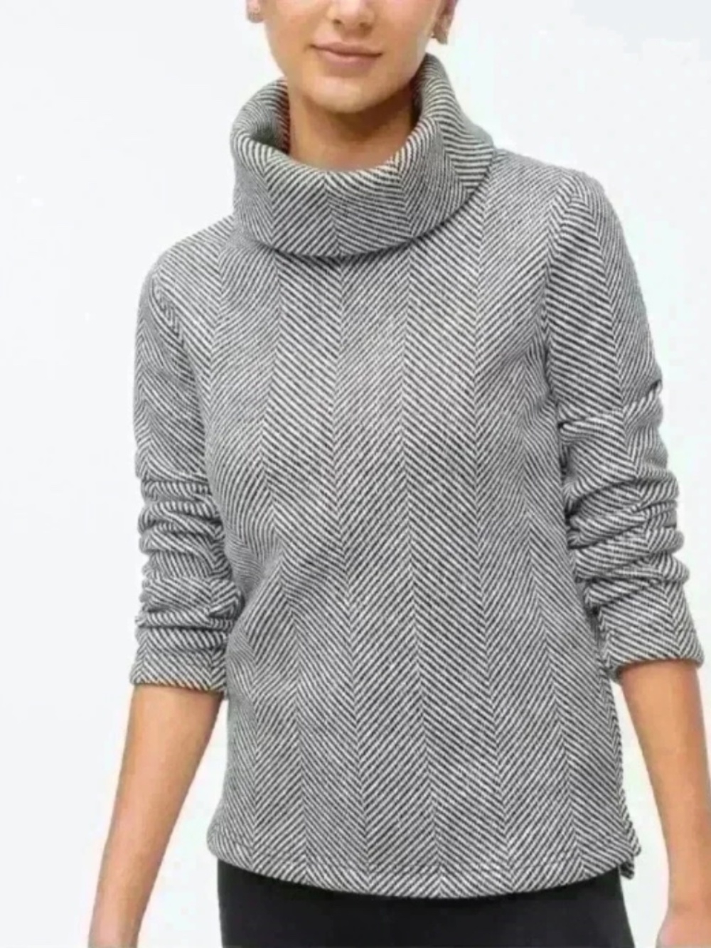 Like New J Crew Funnel Neck Black Herringbone Print Fleece Lined Sweater